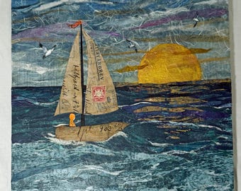 Mixed Media Collage Sailboat Art: Hand-Painted Paper, Vintage Mail, Ready Hang