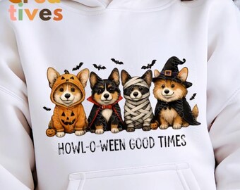 Corgis Dressed for Halloween, Howl O Ween Good Times, Halloween Corgi, Fall Aesthetic, Corgis in Costumes Digital Download
