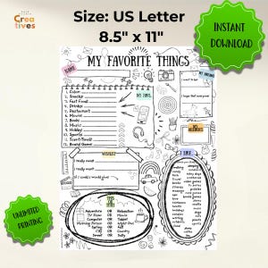 May include: A black and white printable US Letter size sheet, 8.5 x 11 inches, with the text "MY FAVORITE THINGS". It includes fill-in-the-blank sections for personal preferences, a wishlist, and a "THIS OR THAT" section.