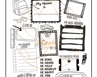 All About Me Doodle Form Back To School Questionnaire Fill In Blanks First Day of School Fun 8.5"x11"