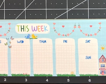 Handmade Weekly Notepad Planner, Blue Houses, Spring Vibes, 52 Pages