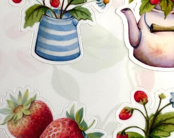 Strawberry Day Vinyl Sticker Sheet, 9 Water-Resistant Stickers (4"x6")