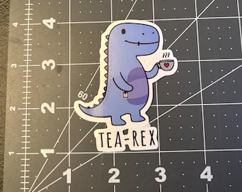 Tea Rex Dinosaur Vinyl Sticker, Tea Cup, Funny Dino, Water Resistant, (1.75”x 3.00”)