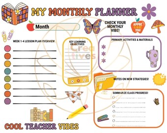Cool Teacher Monthly Landscape Planner Page Digital Download Retro School Printable for Teachers 11"x8.5"