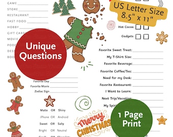 May include: A Christmas wish list printable on US Letter size paper, 8.5" x 11". The design features gingerbread men, Christmas trees, and the text "Merry Christmas". Includes sections for favorite treats, movies, and more.