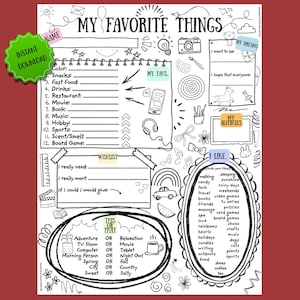 May include: Black and white printable "My Favorite Things" list with doodles. Includes sections for favorites, a wishlist, and a "This or That" section. Features a green "Instant Download" sticker.