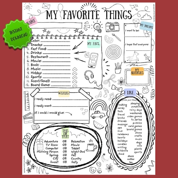 My Favorite Things All About Me Doodles List Form Wishlist Questionnaire Fill In Blanks First Day of School Employee Co-Worker Fun