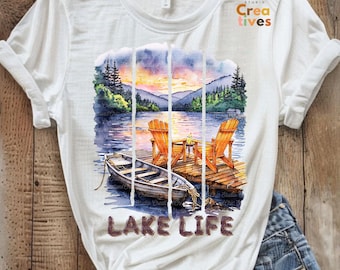 Leben am See Aquarell Pinselstrich Design, 300 DPI Digitale Datei, Sommer Urlaub Clipart, Haus am See Kunst, Outdoor Abenteuer Grafiken png