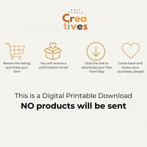 May include: A digital printable download graphic with the text "NO products will be sent." The image includes icons of a shopping cart, a box with a heart, a downward arrow, and a heart. The text reads "Chic Creatives."