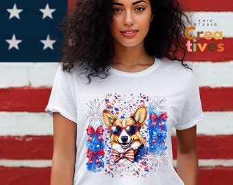 Patriotic Corgi PNG, 4th Of July Digital Download, USA Dog Clipart, Independence Day Shirt Design, Corgi Lover Gift, Red White Blue Graphics