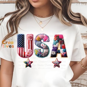 USA Faux Floral Patchwork Digital Download Graphic, Patriotic America Design, 4th of July, USA Letters, Sublimation Transfer, Commercial Use