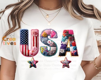 USA Faux Floral Patchwork Digital Download Graphic, Patriotic America Design, 4th of July, USA Letters, Sublimation Transfer, Commercial Use