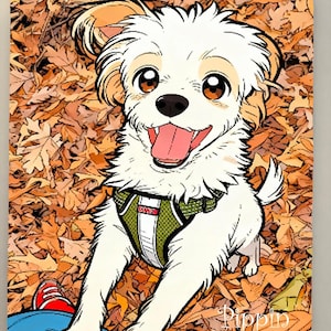 May include: A cartoon-style illustration of a happy white dog with brown eyes and a pink tongue, wearing a green harness. The dog is set against a background of autumn leaves. The dog's name, "Pippin", is written in cursive at the bottom.