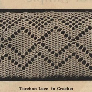 May include: A rectangular piece of off-white Torchon lace in crochet, with a repeating pattern of openwork and solid areas. The lace is framed by a black border, and the text "Torchon Lace in Crochet" is at the bottom.