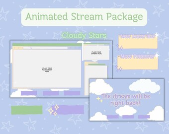 Animerat sött stream-overlay för Twitch | Cloud Overlay Stream-paket, Lofi Twitch | Stars Twitch Overlay | Twitch-aviseringar | Twitch YouTube