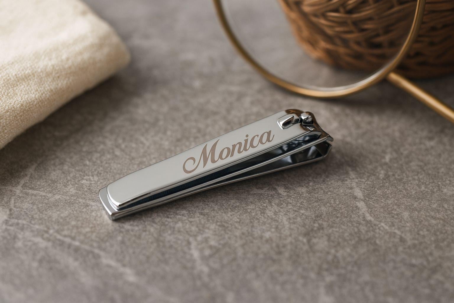 A chrome nail clipper personalized with the name 'Monica' is displayed on a textured surface.