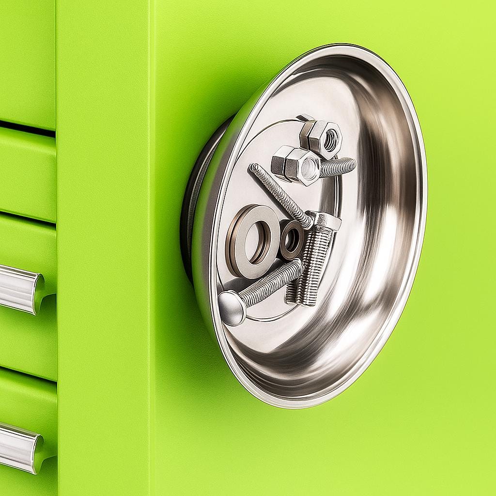 A stainless steel parts tray holding various nuts and bolts, magnetically attached to a green metal cabinet.