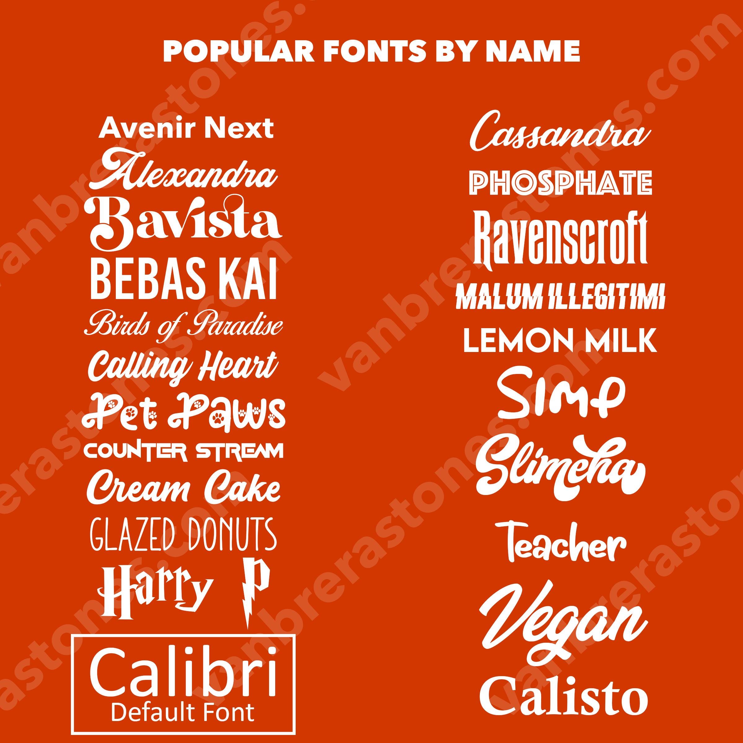 A chart showing various font styles available for engraving with text labels on an orange background.