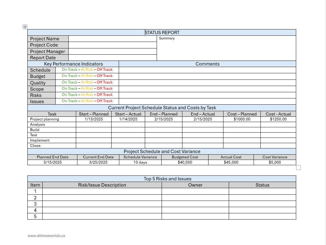 One Page Project Status Report for Business Executives, Managers ...