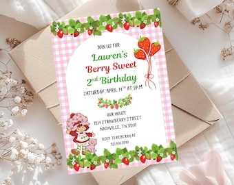 Faire-part d'anniversaire, design modifiable, invitation numérique, thème de la fête Charlotte aux fraises et aux baies