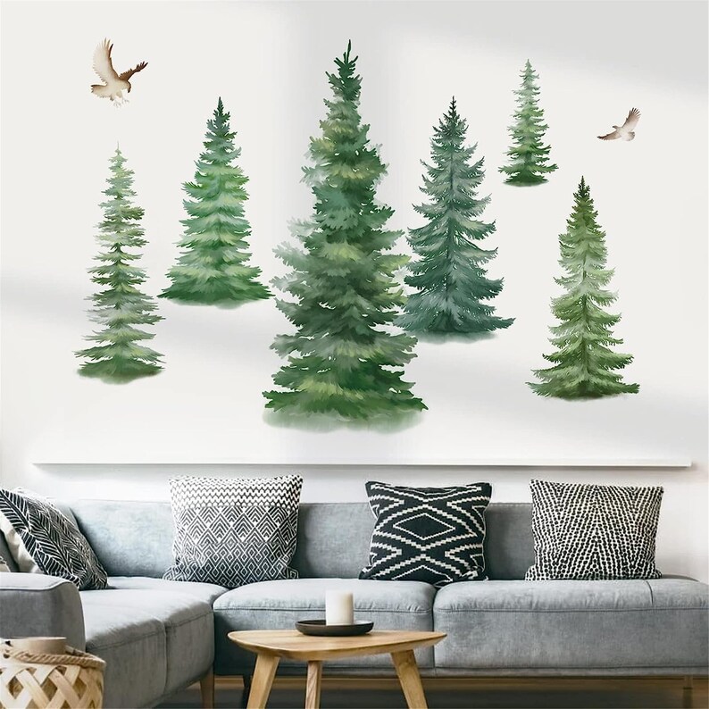 Watercolor Large Pine Trees Wall Decals Woodland Branch Birds Wall ...
