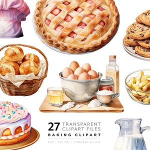 Aquarel bakken clipart - Baker png-bestanden, aquarel eten, keukengereedschap & recept ingrediënten illustraties, eieren, boter en koksmuts