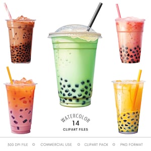 Aquarel bubble thee clipart boba thee png, melkthee illustraties, drankjes hoge kwaliteit png's, commercieel gebruik, afbeeldingen voor menu en restaurant