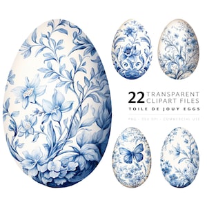 Toile De Jouy Clipart Blau Toile Aquarell Delft Blau Ei Muster PNG Vintage Chinoiserie Illustration für Junk Journal, Scrapbook Ephemera
