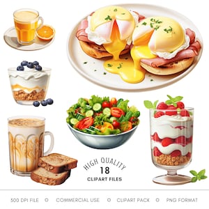 Ontbijt clipart-aquarel eten PNG, brunchillustraties van bagels, eieren, ijskoffie-illustraties, graphics voor restaurants en menuontwerp