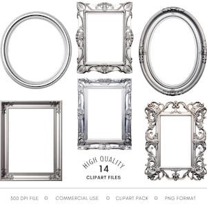 Könnte beinhalten: Set aus 14 silbernen, verzierten Bilderrahmen in verschiedenen Formen und Größen. Die Rahmen sind alle leer und haben einen weißen Hintergrund.
