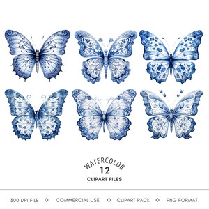 Clipart Delfts blauwe vlinder, bloemen chinoiserie Blue Wing patroon png-bestanden voor digitale scrapbooking, blauwe toile-kaarten maken en papierkunst