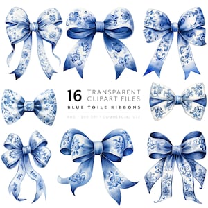 Aquarel blauwe strik clipart toile de jouy PNG blauw strik coquette clip art chinoiserie voor bruiloft en babyshower uitnodigen blauwe toile
