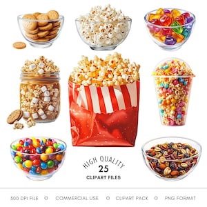 Popcorn Clipart - Movie Night PNG Files, Watercolor Food Clip Art & Theater Decor, Desserts Graphic, Cinema Printable, Party Card Files