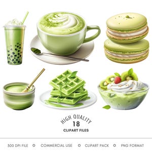 Matcha Clipart - Aquarell grüner Tee PNG, Desserts Grafiken, Latte Digitaler Download Frühstück Clip Art, Zen Illustrationen, Restaurantkarte