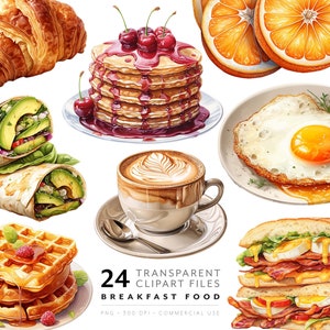 Zestaw clipartów akwarelowych na śniadanie - ilustracja śniadaniowa PNG z jedzeniem Kawa, naleśnikowy brunch, przepis i grafika menu, kuchnia restauracyjna