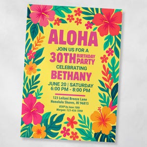 Geburtstags-tropische Einladung - 30. Geburtstag einladen Hawaiianische Vorlage, Strand-Mobile & Pool-Party-Luau-Einladung, bearbeitbare Hawaii-Karte