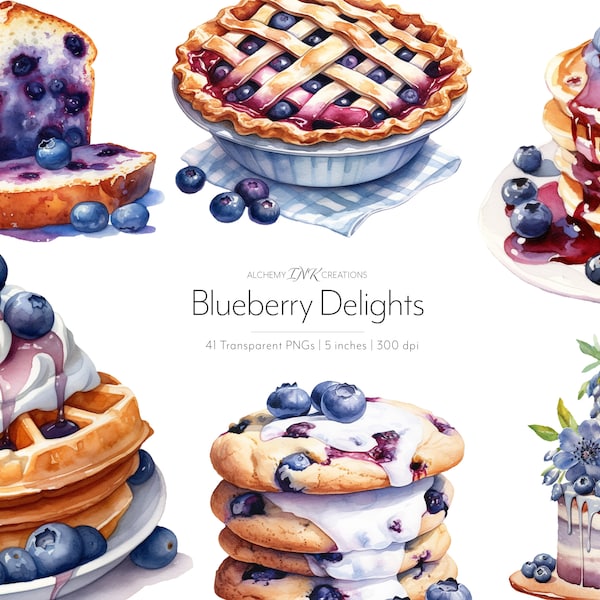 Watercolor Blueberry Clipart - Fruit Dessert Pancakes Pie Waffles Sweets PNG, Digital File for Card Making, Scrapbooking, Journal, Recipes