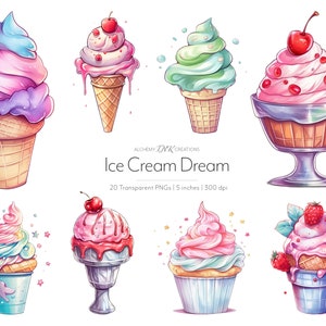 Watercolor Ice Cream Clipart - Ice Cream Cone & Frozen Yogurt Dessert PNG, Kawaii Food Digital File for Stickers Scrapbook Recipes Wall Art