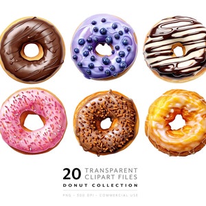 Donut Clipart Baking PNG Donut Party Food Ilustração de sobremesa e doces para cardápio de restaurante, morango e chocolate, licença comercial