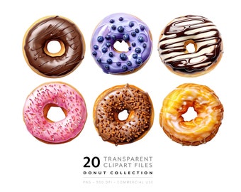 Donut Clipart Baking PNG Donut Party Food Illustration of Dessert & Sweets for Restaurant Menu, Strawberry and Chocolate, Commercial License