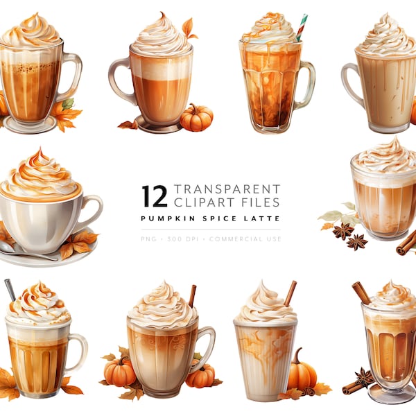 Watercolor Coffee Clipart - Pumpkin Spice Latte PNG Bundle Breakfast Clip Art Coffee Shop, Gift for Coffee Lover, Instant Download File