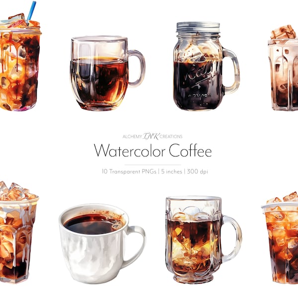 Watercolor Coffee Clipart, Coffee Cup Clipart, Iced Coffee PNG, Bundle, Coffee Mug, Sublimation Coffee, Transparent PNG, Printable File