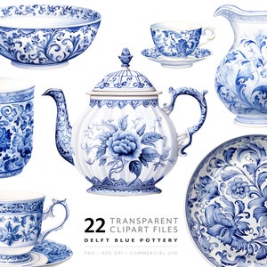 Delfts blauwe clipart vintage theekopje PNG blauw en wit porselein aardewerk keuken decor cadeau scrapbooking Cottage junk Journal commercieel gebruik