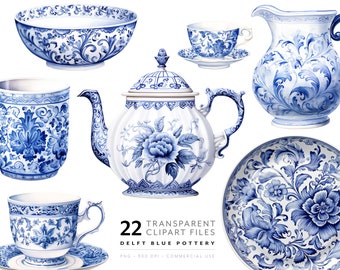 Delft Blue Clipart Vintage Teacup PNG Blue and White Porcelain Pottery Kitchen Decor Gift Scrapbooking Cottage Junk Journal Commercial Use