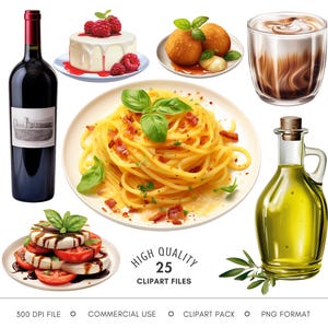 Clipart Italiaans eten, diner PNG, aquarel Italië-illustraties, pizzeria- en restaurantafbeeldingen voor menu, sociale media en reisblogafbeeldingen