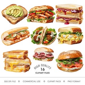 Aquarell Sandwich Clipart Bundle, süßes Frühstück Toast & Brunch Essen PNG, digitaler Download Grafiken für Journals, Planer und Kunsthandwerk