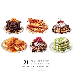 Clipart de Waffles - Brunch PNG, Gráficos de desayuno de Waffle de Chocolate, Fresa, Tocino y Huevo, Imagen transparente para Menú, Receta, Tarjeta