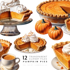 Clipart de torta de abóbora - PNG de torta de abóbora, aquarela de ação de graças, sobremesa, cozimento, gráficos imprimíveis para cartões, planejador de presentes, uso comercial
