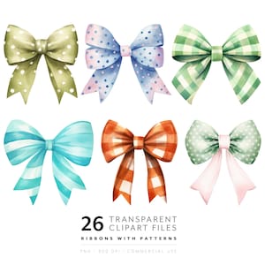 Clipart di fiocchi ad acquerello - Fiocco di nastro Coquette PNG, papillon colorato per biglietti, design di inviti, aula, baby shower neutro e asilo nido