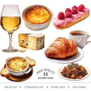 Clipart de comida francesa - PNG de foodie, clipart de croissant e café, gráficos de cardápio e restaurante, imagens para postagens em mídias sociais e blog de viagens